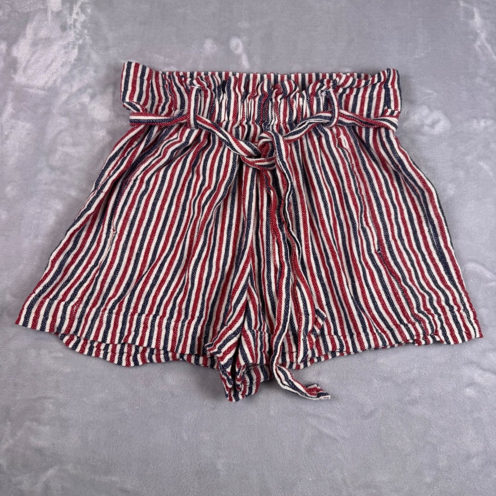 Indigo Rein Womens‎ Medium Red White Blue Striped Linen Blend Paperbag Shorts